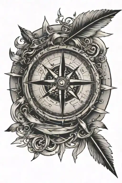 A compass with broken arrows pointing in different directions, symbolizing the search for direction in life tattoo design idea
