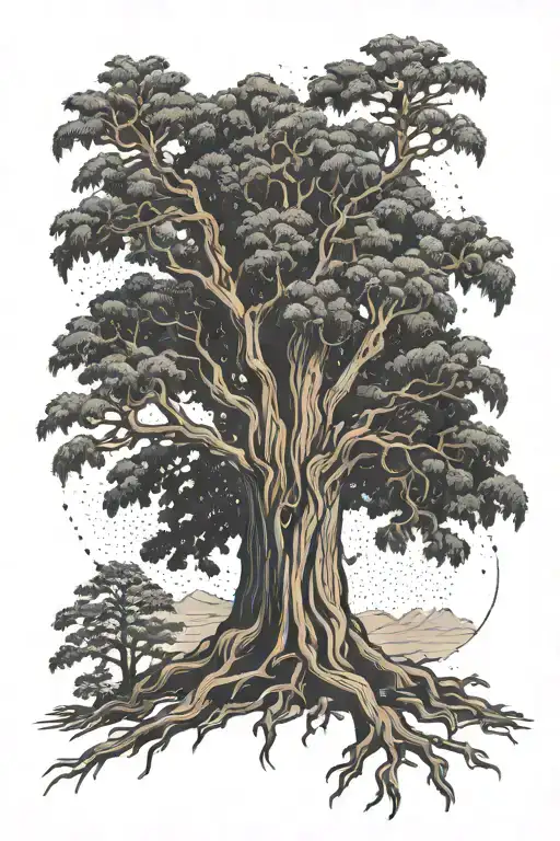 Large redwood tree intertwined with a palm tree tattoo design idea