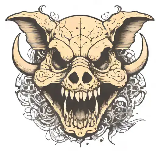 bone frog style pig skull with tusks tattoo design idea
