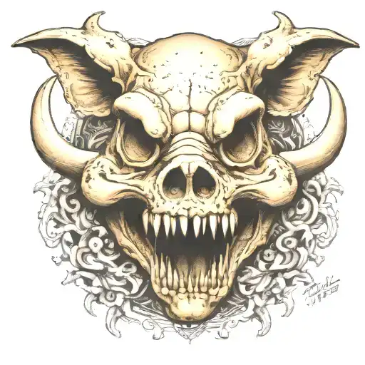 bone frog style pig skull with tusks tattoo design idea
