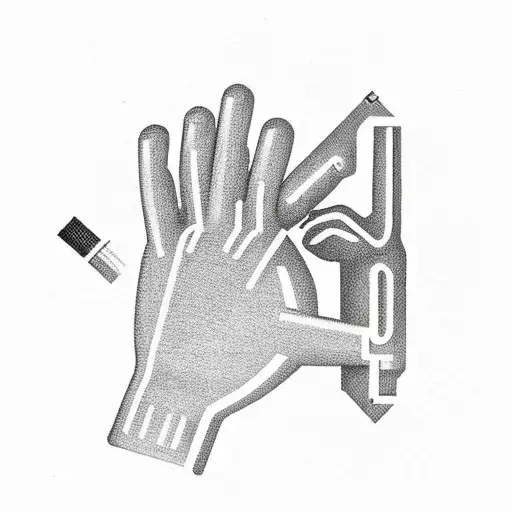 A minimalist design of a hand reaching out to help another hand, with a wrench and gun intertwined, symbolizing your passion for helping others and your work as a mechanic tattoo design idea