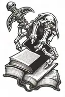 skeleton hand holding an open book with a sword levitating from it. tattoo design idea