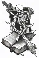 skeleton hand holding an open book with a sword levitating from it. tattoo design idea