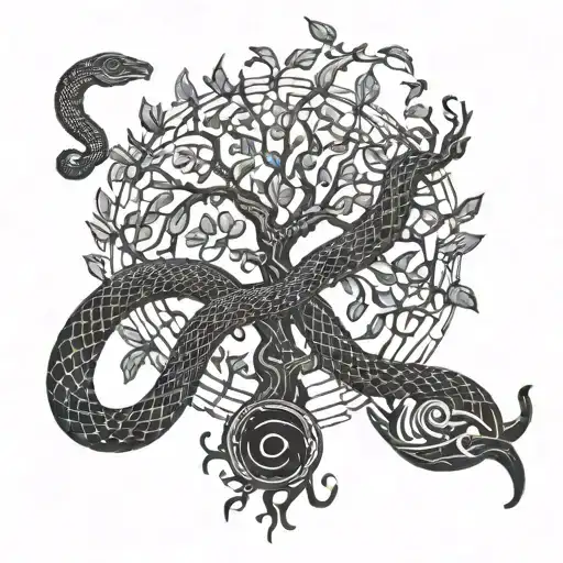 snake circle swallowing it's tail. surrounding tree of knowledge tattoo design idea