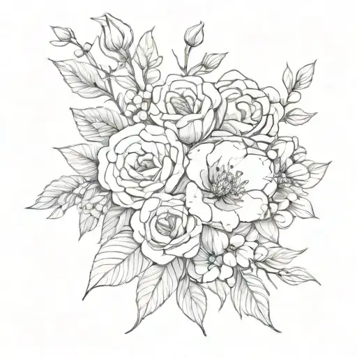 birth flowers for the months February, march, April, may, and September into a Bouquet  tattoo design idea