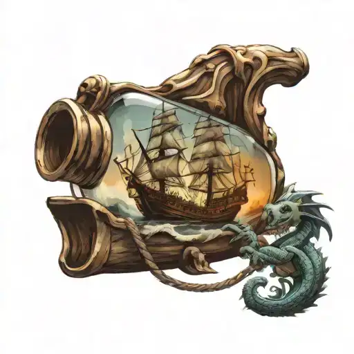 pirate ship in a glass bottle with a dragon perched on the main mast tattoo design idea