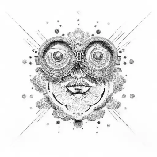 A stoic philosopher surrounded by swirling psychedelic patterns tattoo design idea