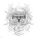 A stoic philosopher surrounded by swirling psychedelic patterns tattoo design idea