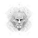 A stoic philosopher surrounded by swirling psychedelic patterns tattoo design idea