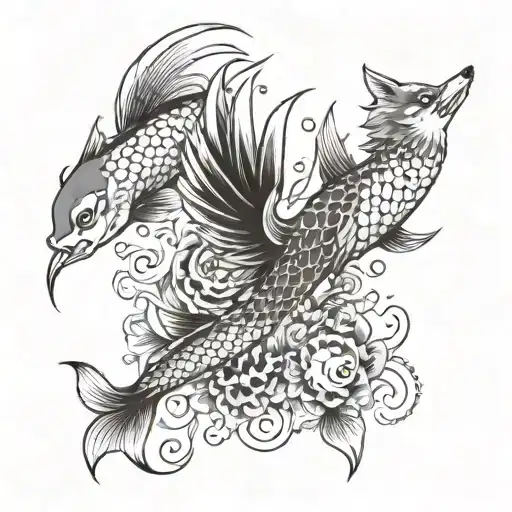 a phoenix, pisces koi fish and Wolf   tattoo design idea