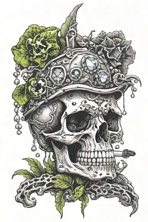 one skull with crystals growing on it with a frog smoking on the top of the head tattoo design idea