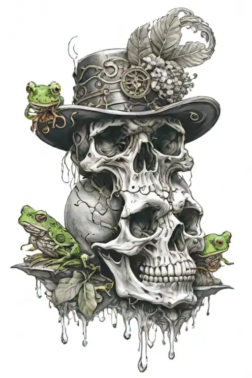 skull with crystals growing on it with a frog smoking on the top of the head tattoo design idea