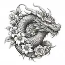 A manga-inspired small chinese dragon surrounded by intricate flowers tattoo design idea