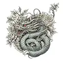 A manga-inspired small chinese dragon surrounded by intricate flowers tattoo design idea
