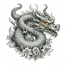 A manga-inspired small chinese dragon surrounded by intricate flowers tattoo design idea