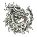 A manga-inspired small chinese dragon surrounded by intricate flowers tattoo design idea