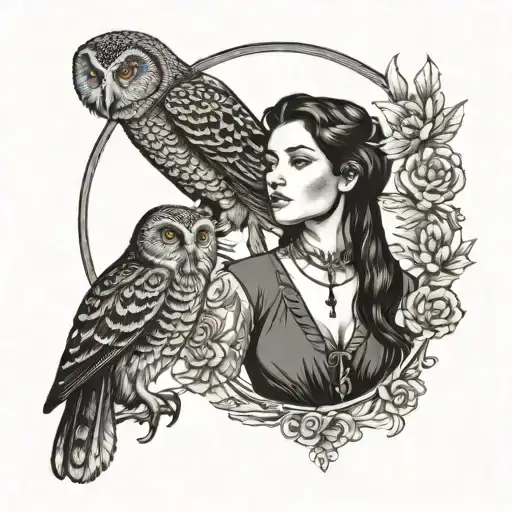 Atenea in black tradi american woman in black and gray with a owl tattoo design idea