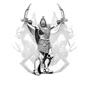 A powerful gladiator standing triumphantly in an arena, surrounded by cheering crowds tattoo design idea