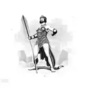 A powerful gladiator standing triumphantly in an arena, surrounded by cheering crowds tattoo design idea