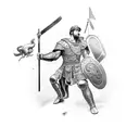 A powerful gladiator standing triumphantly in an arena, surrounded by cheering crowds tattoo design idea