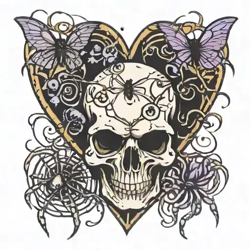 broken skull surrounded by spiders with heart inside broken skull  tattoo design idea