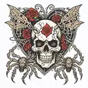 broken skull surrounded by spiders with heart inside broken skull  tattoo design idea