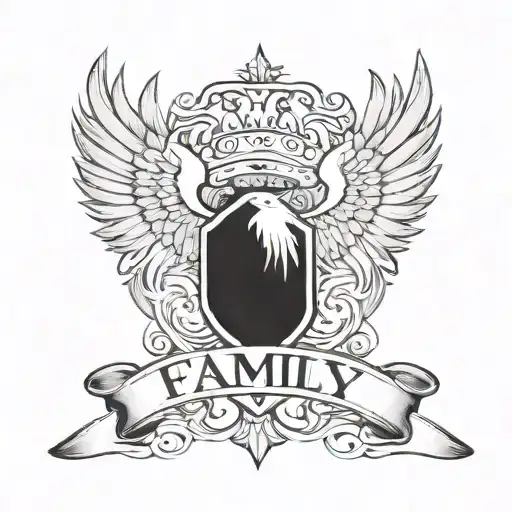 A tattoo design symbolizing brotherhood and trust, featuring intertwined eagle wings and a shield with the word 'family' inscribed on it tattoo design idea