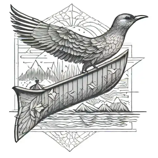 small realistic fine line bird flying away on top of a canoe  tattoo design idea