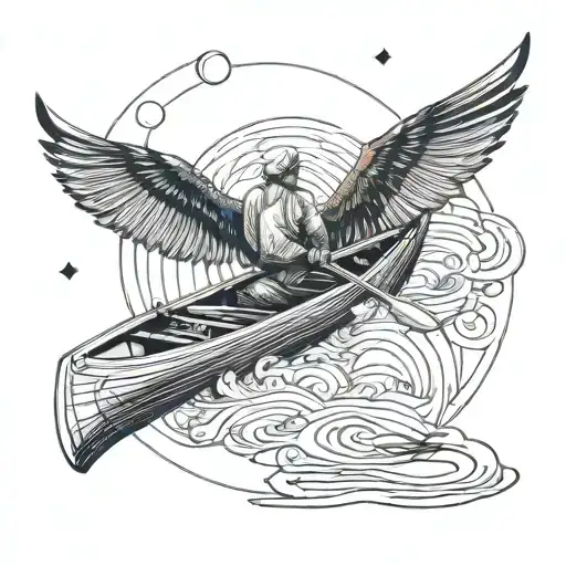 small realistic fine line bird flying away above a man paddling a canoe. make it look realistic with fine line details  tattoo design idea