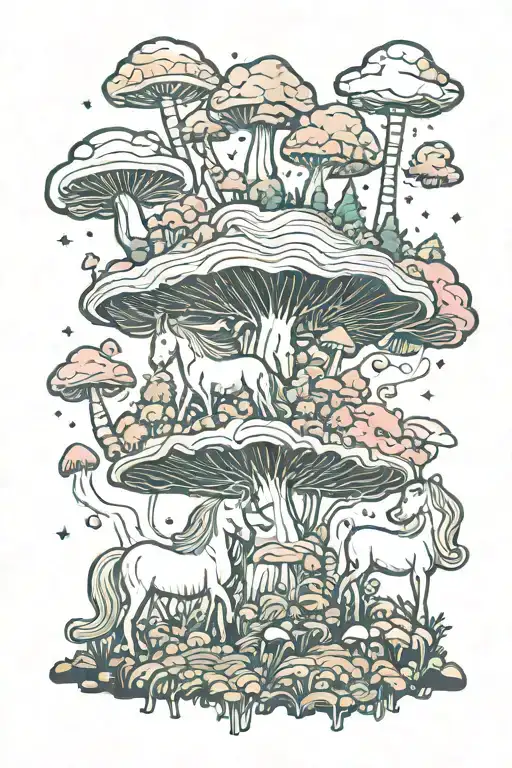 unicorn in a trippy mushroom forest landscape tattoo design idea