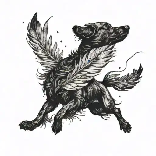 Black dog chase feathers falling tattoo design idea