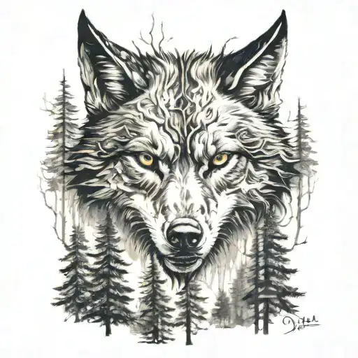 devil wolf in a forest tattoo design idea