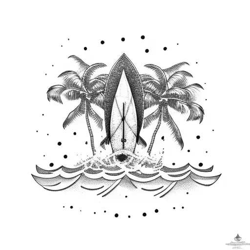 A dotwork tattoo of a mermaid sitting on a surfboard, surrounded by palm trees and waves tattoo design idea
