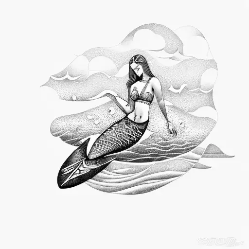 A dotwork tattoo of a mermaid sitting on a surfboard, surrounded by palm trees and waves tattoo design idea