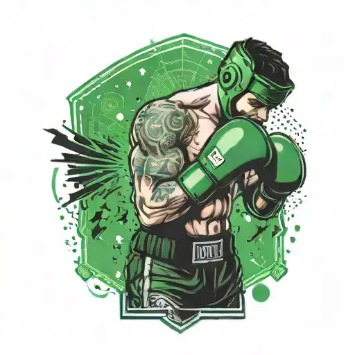 A dynamic boxing ring scene with a fighter wearing a green glove, surrounded by elements from Los Angeles and League of Legends tattoo design idea