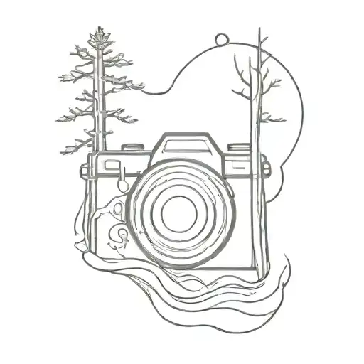 generate a camera with water flowing out of the lens and forest around it tattoo design idea