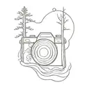 generate a camera with water flowing out of the lens and forest around it tattoo design idea