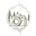 generate a camera with water flowing out of the lens and forest around it tattoo design idea