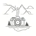 generate a camera with water flowing out of the lens and forest around it tattoo design idea