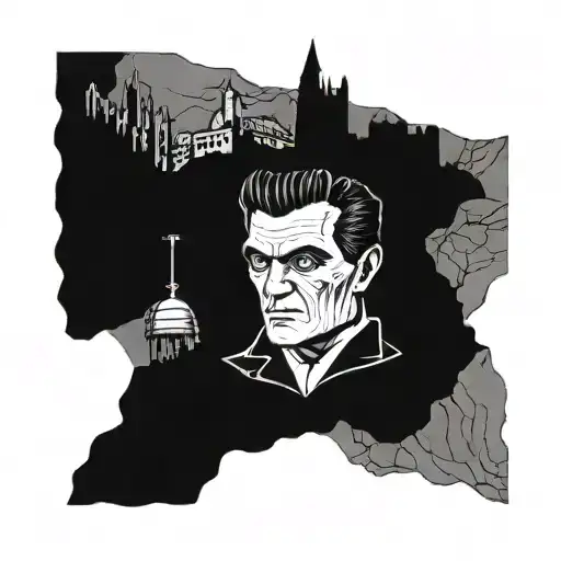 frankenstien and Dracula torsos castle and laboratory background  tattoo design idea