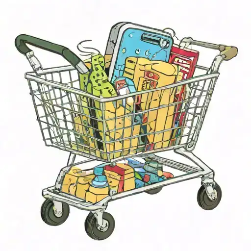 A supermarket trolley with an iPhone box, a McDonald's bag inside a slime with the words "all the values ​​of this world" written on it tattoo design idea