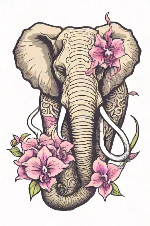 African elephant with purple orchids intertwined and amethyst eyes tattoo design idea