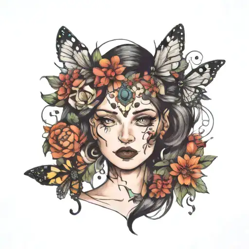 woman's face, flowers, bugs and gems tattoo design idea