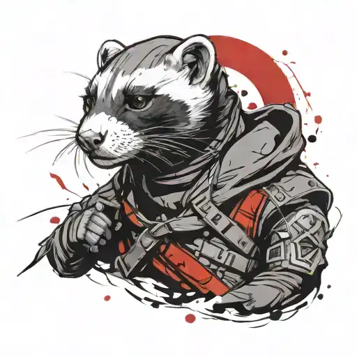 a minimal portrait of thin & light female ferret styled as assassin from "assassin's creed" game with logo at costume hand/head. turned into side. full-length tattoo design idea