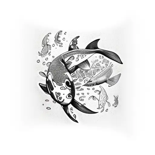 aquatic ecosystem with orca, jellyfish and koi fish in a tattoo sleeve tattoo design idea