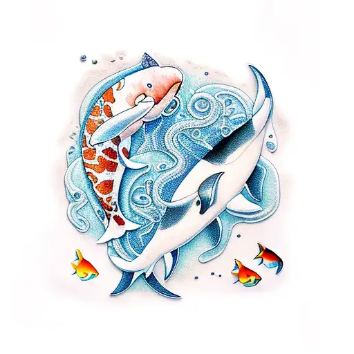 aquatic ecosystem with orca, jellyfish and koi fish in a tattoo sleeve tattoo design idea