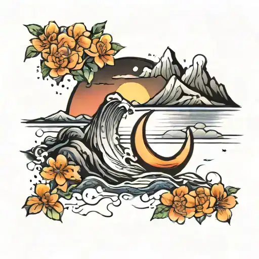 half moon shining over a river beside mountains tattoo design idea