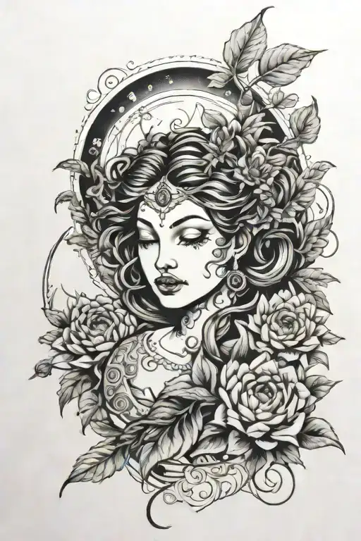 goddess surrounded by a moon and dahlias corn eucalyptus trailing tattoo design idea