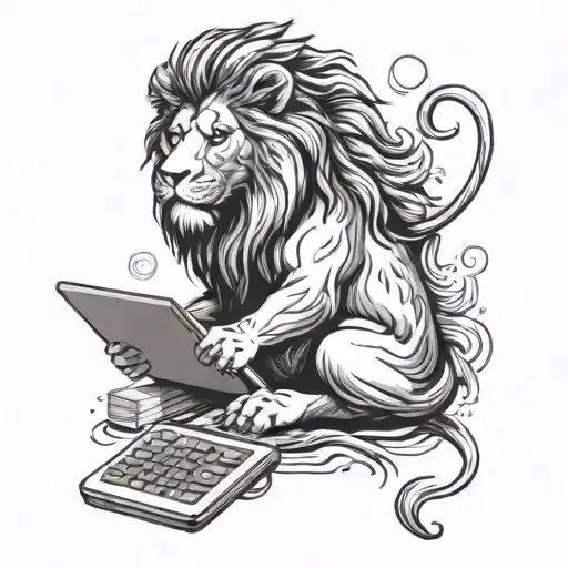 A mythical creature combining a majestic animal with elements of accounting, such as a lion with a calculator for a mane tattoo design idea