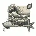 A dotwork pattern of crashing waves with hidden images of seashells and starfish tattoo design idea